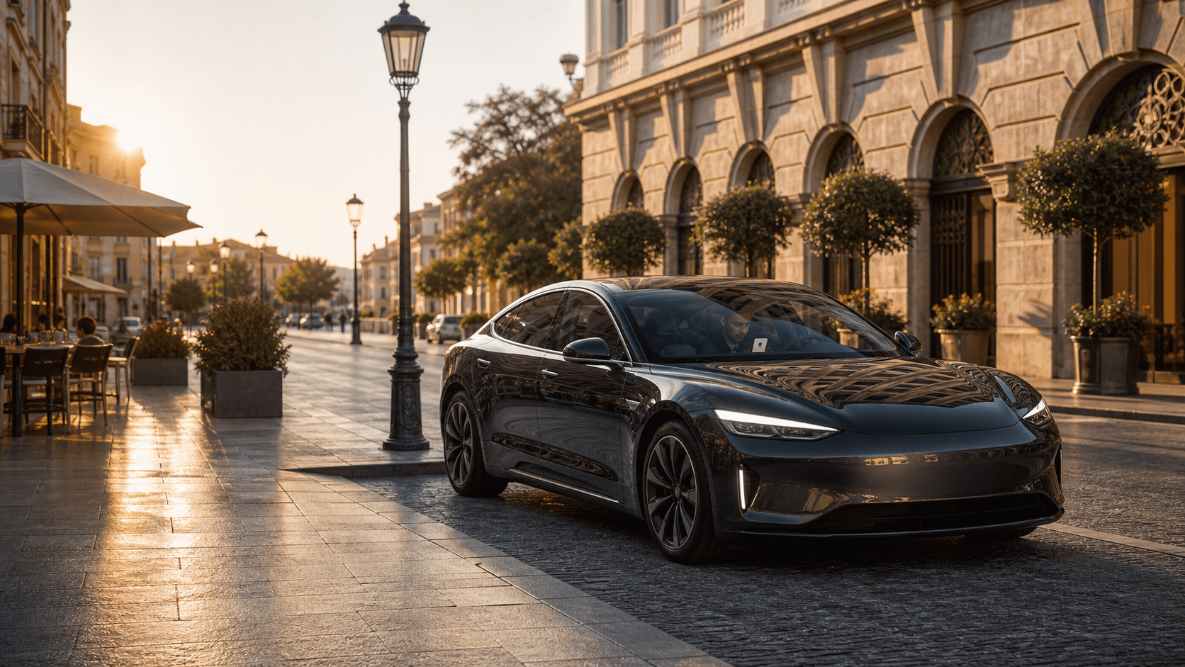 City street with a modern car for on-demand rides and scheduled pickups