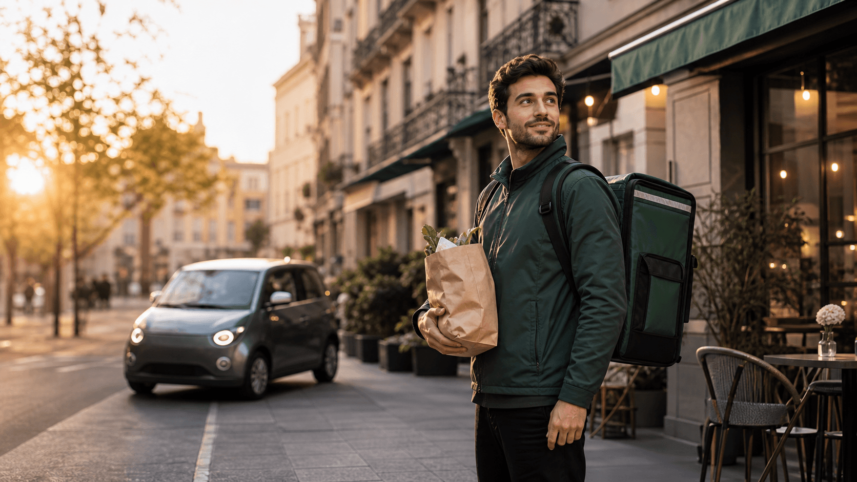 Local food delivery rider moving through a busy city