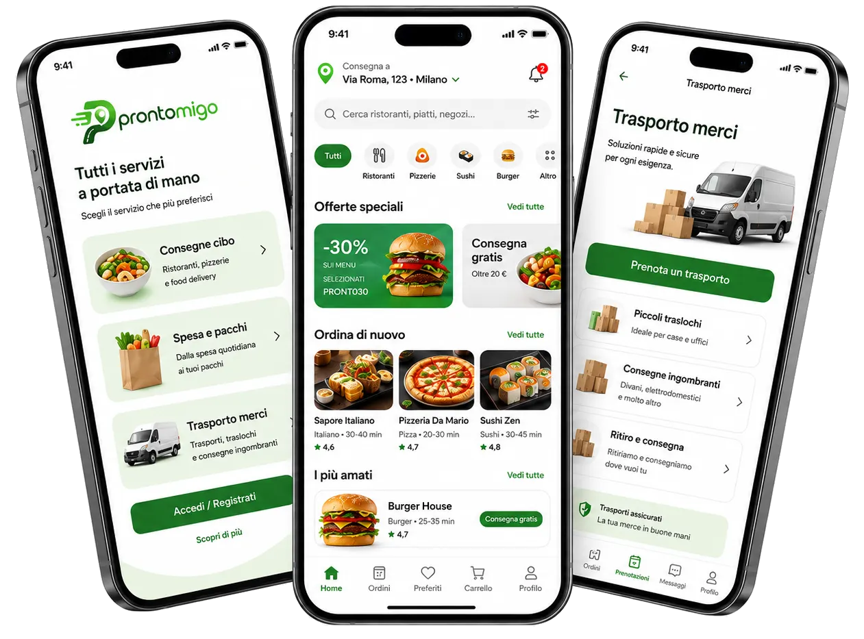 ProntoMigo app screens for food delivery, grocery ordering and goods transport on three smartphones